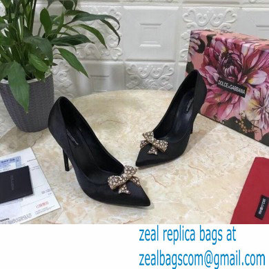 Dolce  &  Gabbana Heel 10.5cm Satin Pumps Black with Crystal Bow 2021